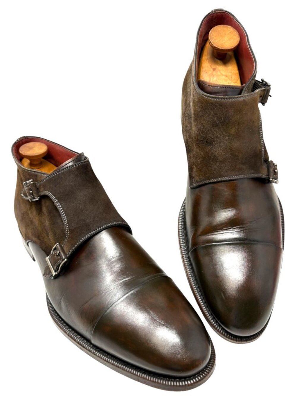 Magnanni Octavian Burnish Leather Suede Double Monk Strap Boots